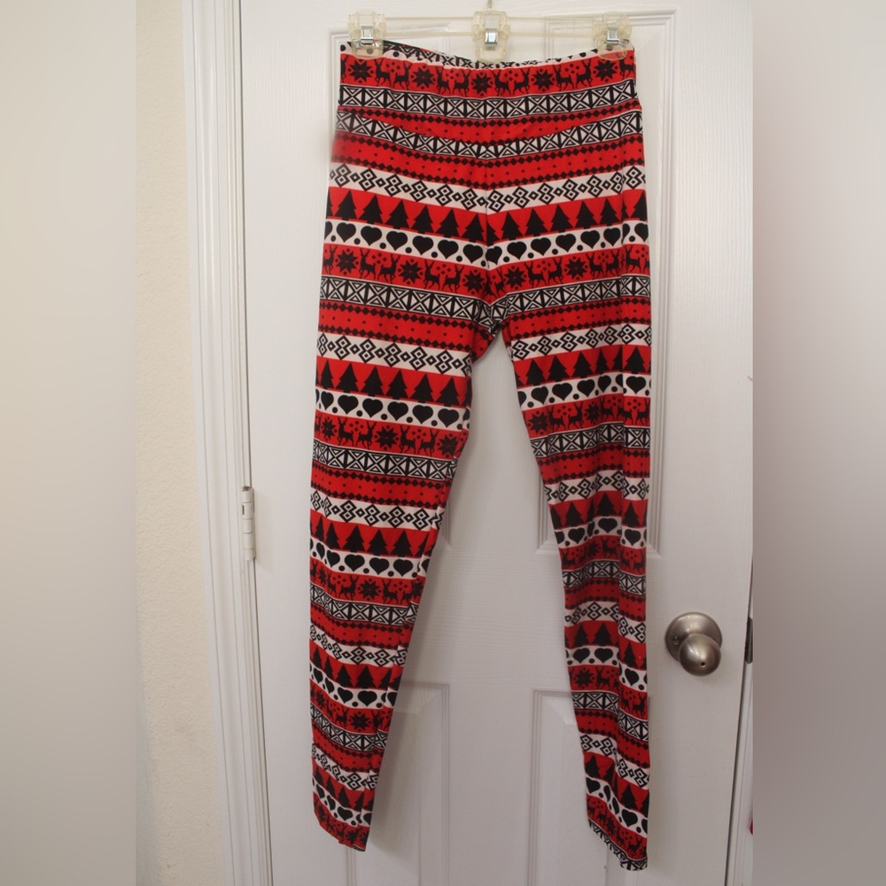 Red and Black Holiday Winter Patterned Leggings One Size Fits Most